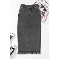 Black Raw Edge Side Slits Buttoned Midi Denim Skirt - L thumbnail