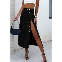 Black Button Fly Side Split High Waist Denim Midi Skirt - XL thumbnail
