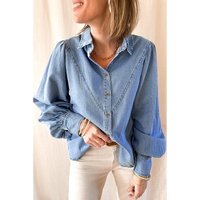 Azura Exchange V-shape Stitching Puff Sleeve Denim Shirt - L thumbnail