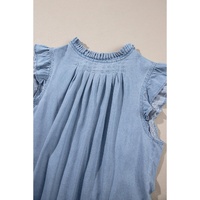 Beau Blue Frilly Pleated Button Back Retro Chambray Top - S thumbnail