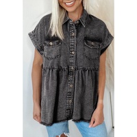 Black Short Sleeve Flap Pocket Button Up Raw Hem Denim Shirt - L thumbnail