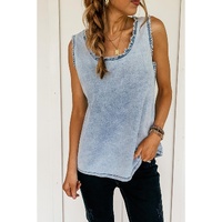 Beau Blue Mineral Wash Denim Frayed U Neck Sleeveless Top - XL thumbnail