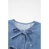 Dusk Blue Tied Front Bubble Sleeve Peplum Denim Shirt - M thumbnail