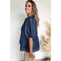 Sail Blue Puff Sleeve Lace-up Neckline Splicing Denim Blouse - XL thumbnail