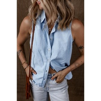 Light Blue Denim Collared Sleeveless Shirt - L thumbnail