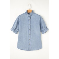 Beau Blue Ruffle Short Puff Sleeve Summer Chambray Shirt - M thumbnail