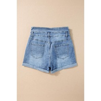 Dusk Blue Button Fly High Waist Roll Edge Denim Shorts - 16 US thumbnail