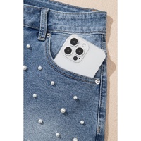 Dusk Blue Pearl Beaded Raw Hem Medium Wash Denim Shorts - 6 US thumbnail