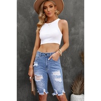 Sky Blue Ripped Tassel Bermuda Denim Shorts - M thumbnail