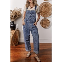 Sail Blue Denim Bib Straight Leg Jumpsuit with Pockets - L thumbnail