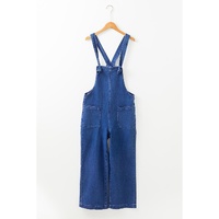 Prussian Blue Mineral Wash Knotted Strap Patched Pocket Wide Leg Denim Overalls - L thumbnail