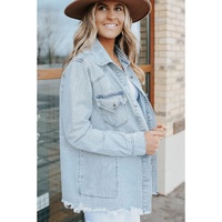 Sky Blue Flap Pocket Buttoned Raw Hem Denim Jacket - L thumbnail