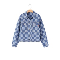 Light Blue Checkered Patchwork Button up Denim Jacket - M thumbnail