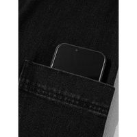 Black Side Pockets Lapel Collar Denim Jacket - M thumbnail