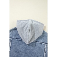 Beau Blue Plaid Print Patchwork Hooded Raw Hem Denim Jacket - S thumbnail
