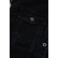 Black Plaid Sleeve Frayed Hem Hooded Denim Jacket - M thumbnail
