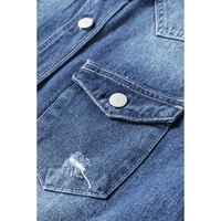 Sky Blue Light Wash Distressed Frayed Long Denim Jacket - L thumbnail