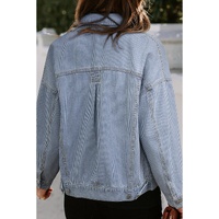 Sky Blue Stripe Washed Oversize Pocketed Denim Jacket - L thumbnail