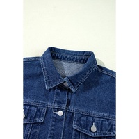 Navy Blue Ruffle Raw Hem Flap Pockets Denim Jacket - 2XL thumbnail
