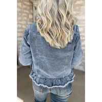Beau Blue Ruffle Raw Hem Flap Pockets Denim Jacket - S thumbnail