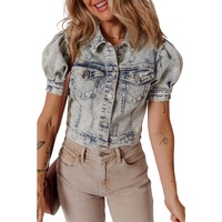 Beau Blue Light Wash Buttoned Chest Pocket Puff Sleeve Denim Jacket - M thumbnail