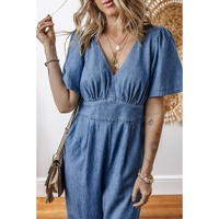 Ashleigh Blue V Neck Short Sleeve Smocked Back Denim Loose Jumpsuit - XL thumbnail