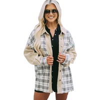 Khaki Distressed Raw Edge Plaid Patchwork Denim Jacket - M thumbnail