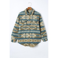 Azura Exchange Blue Western Aztec Print Button Flap Pocket Shacket - M thumbnail