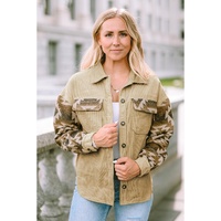 Khaki Aztec Print Patchwork Frayed Edge Corduroy Jacket - M thumbnail
