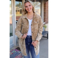 Khaki Vintage Distressed Mineral Wash Oversized Shacket - S thumbnail