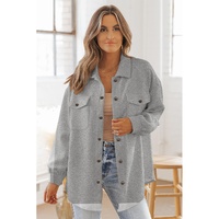 Gray Solid Textured Flap Pocket Buttoned Shacket - M thumbnail