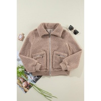 Light French Beige Zipper Pocketed Winter Fuzzy Jacket - L thumbnail