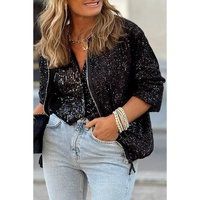 Black Sequin Zip up Round Neck Long Sleeve Jacket - S thumbnail