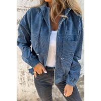 Real Teal Corduroy Drawstring Hooded Pocket Zip Up Jacket - S thumbnail