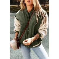 Mist Green Corduroy Fleece Patchwork Buttoned Bomber Jacket - XL thumbnail