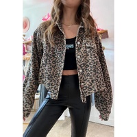 Dark Khaki Leopard Print Corduroy Irregular Hem Buttoned Jacket - L thumbnail