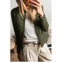 Sage Green Solid Faux Leather Zipper Slim Fit Bomber Jacket - S thumbnail