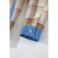 Light French Beige Plaid Patchwork Flap Detail Button Up Shacket - L thumbnail