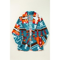 Sky Blue Aztec Printed Lapel Bell Sleeve Jacket - M thumbnail