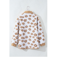 Light French Beige Cute Flower Pattern Button Up Fleece Jacket - 2XL thumbnail