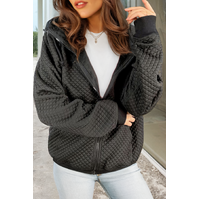 Black Quilted Side Pockets Zipper Hooded Jacket - S thumbnail