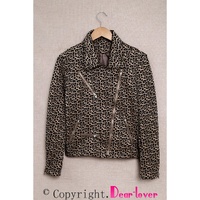 Leopard Zipped Notch Collar Short Jacket - L thumbnail
