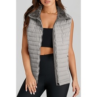 Silvery Plush Collared Quilted Zipped Puffer Vest - S thumbnail