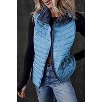 Sky Blue Plush Collared Quilted Zipped Puffer Vest - L thumbnail
