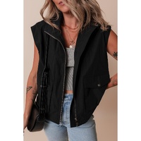 Black Flap Pockets Zip Up High Neck Vest - M thumbnail