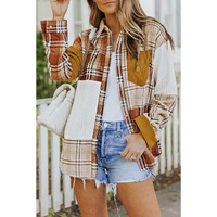 Orange Plaid Color Block Patchwork Shirt Jacket with Pocket - M thumbnail