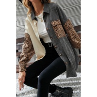 Gray Color Block Leopard Patched Corduroy Shacket - S thumbnail