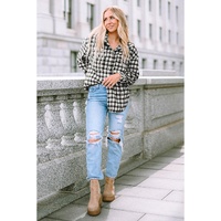 Black Plaid Print Chest Pockets Buttoned Tunic Shacket - M thumbnail