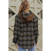 Contrast Hooded Drawstring Plaid Shacket - S thumbnail