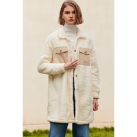 Beige Contrast Flap Pocket Single Breasted Teddy Coat - M thumbnail